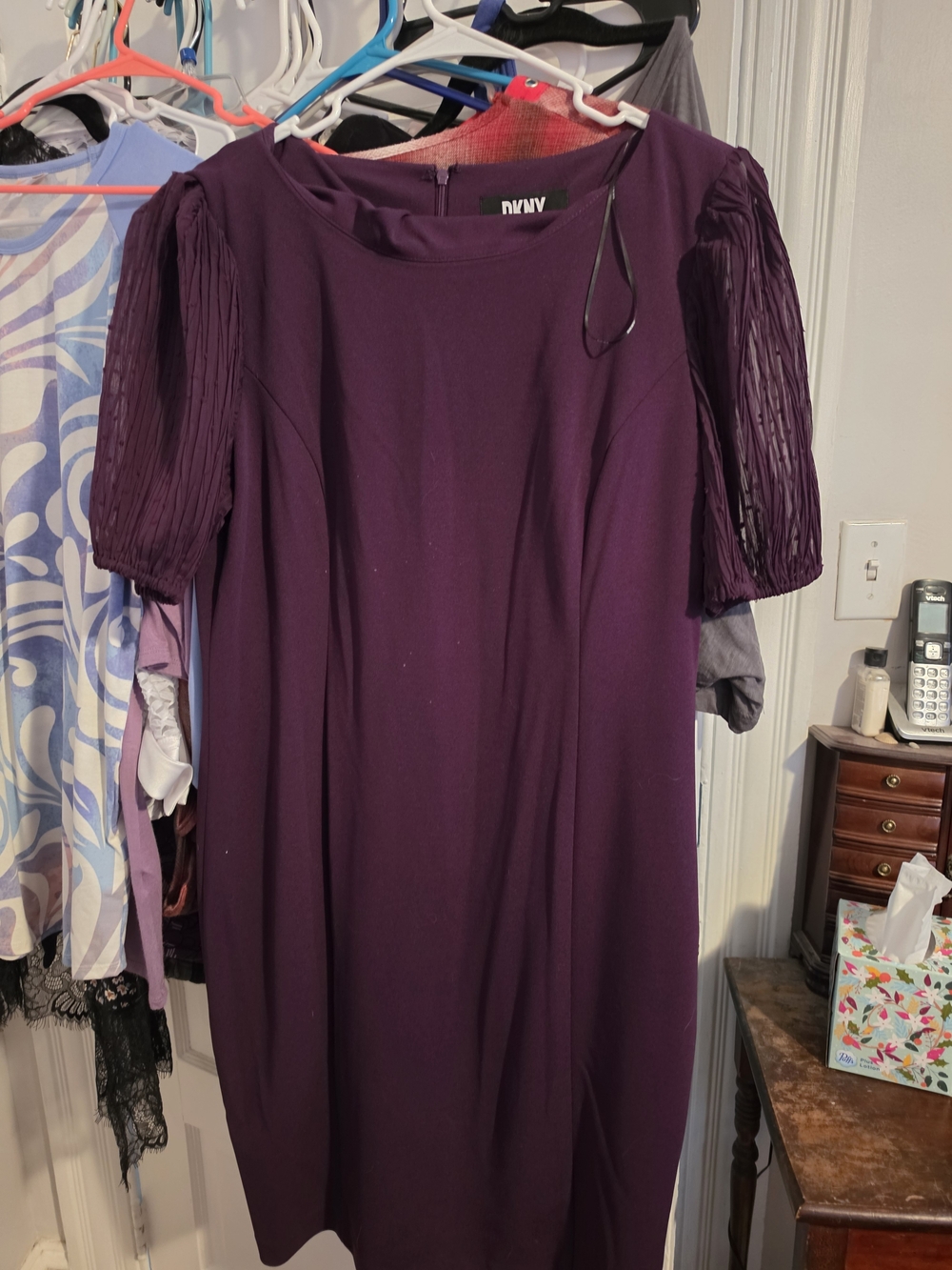 DKNY Deep Purple Midi Sheath Dress with Pleated Short Sleeves